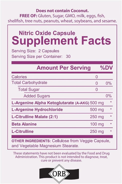 Nitric Oxide Supplement, Gluten Free, Non-GMO, Kosher, Boosting Blood Pressure & Production (60 Count)