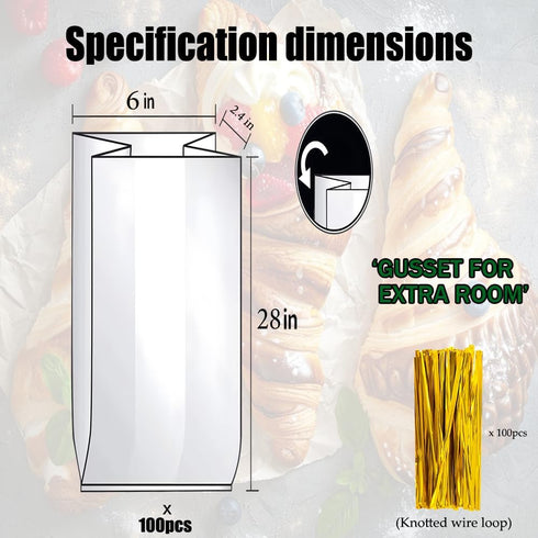 PEOKPIPLE 100 Pack Bakeries6"x2.4"x28" Reusable Bread Bags for Homemade Bread & Sandwich Bread Clear Plastic Storage
