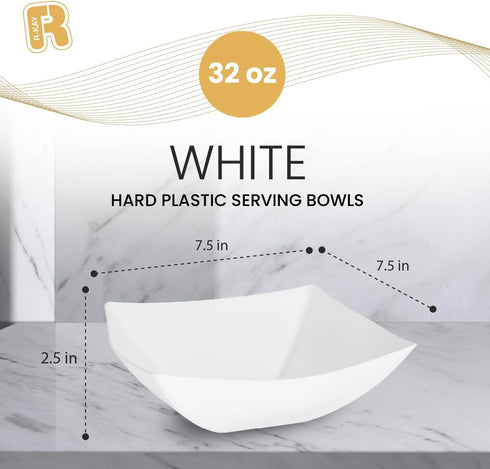 R-kay 6 Pack Square Plastic Serving Bowls, 32 Oz White Plastic Bowls for Salad, Heavy Duty Disposable