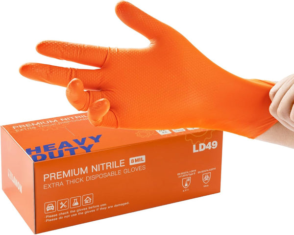 LANON 8mil Orange Disposable Nitrile Gloves, Mechanic, Heavy Duty, Food Safe, Latex Free, XL