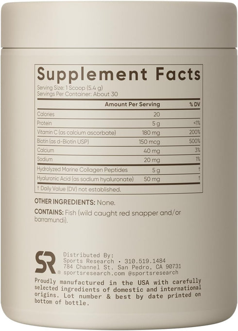Sports Research Collagen Beauty Complex with Hyaluronic Acid, Vitamin C + Biotin, Unflavored (30 Servings)