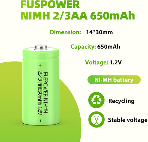 NiMH 2/3AA Rechargeable Battery 1.2V 650mAh Button Top Batteries for Garden Solar Light Pathway Lights(Not AA and AAA Battery) (8 Count (Pack of 1))