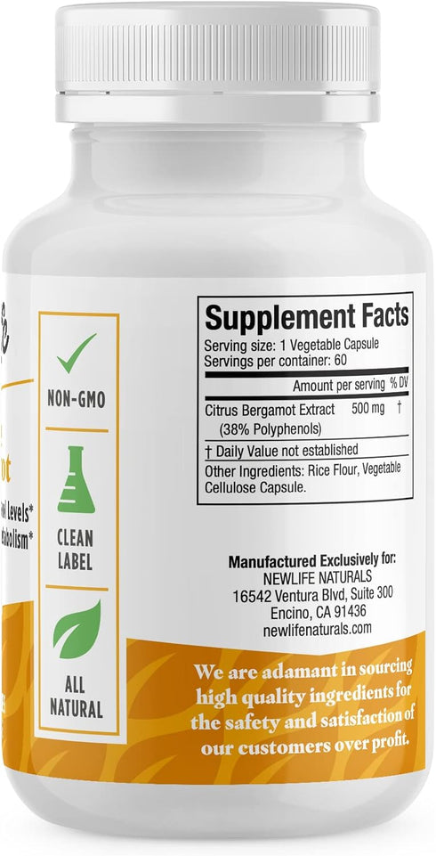NewLife Naturals Citrus Bergamot Supplements 500 MG - Heart Health & Aging Support - Pure Extract Formula - 60 Veggie