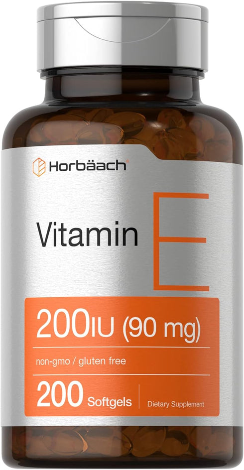 Horbaeach Vitamin E Supplement, 200 IU (90 mg), 200 Softgel Capsules, Non-GMO, Gluten Free Formula