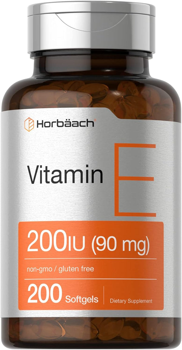 Horbaeach Vitamin E Supplement, 200 IU (90 mg), 200 Softgel Capsules, Non-GMO, Gluten Free Formula