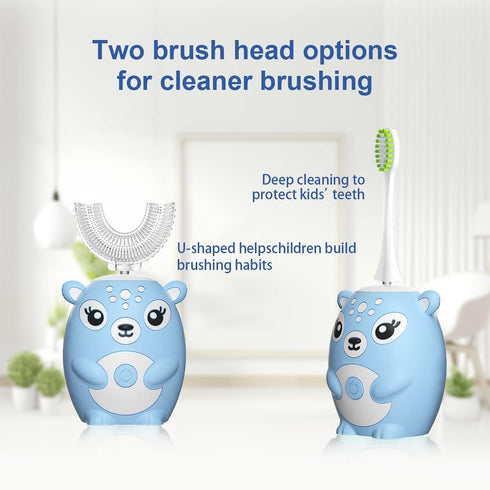 Kids Electric Toothbrush U Shaped Sonic Automatic Toothbrush with 4 Brush Heads, Cartoon Deer Modeling