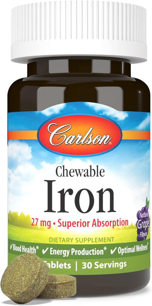 Carlson Chewable Iron 27 mg, Grape, 30 Tablets for Blood Health