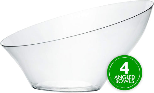 PLASTICPRO Disposable Angled Plastic Bowls - Large Round Serving Bowl, Clear Pack of 4 - Elegant for Party, Snack, or