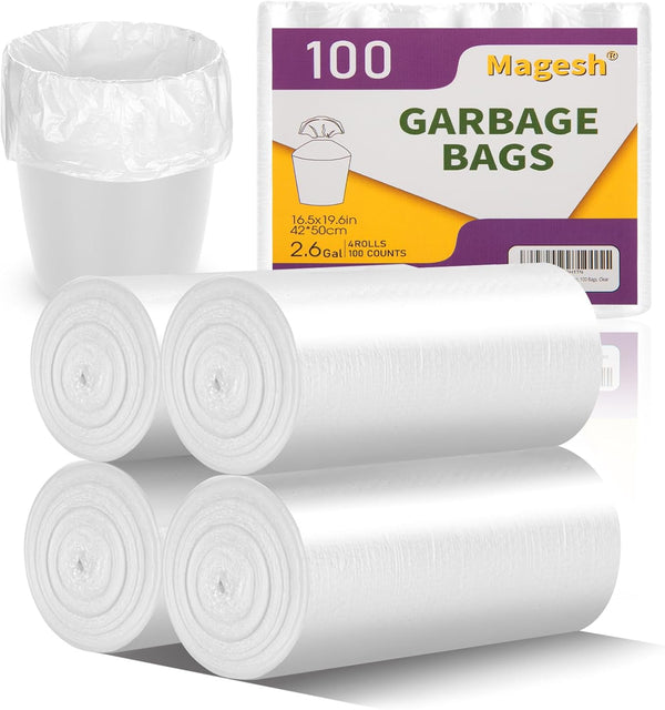 Magesh 2.6 Gallon Trash Bags, Strong Leakage-Free Small Garbage Bags, 100 Clear Bags for Bathroom, Office, Kitchen
