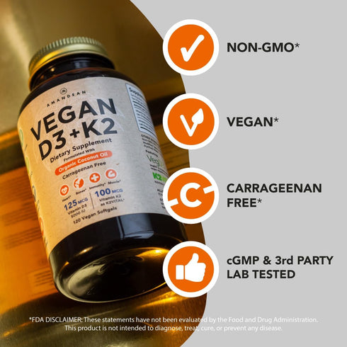 AMANDEAN Vegan Vitamin D3 K2, 5000 IU from Algae, All-Trans MK-7, 120 Softgels for Mood, Bones, Heart, Immune Health