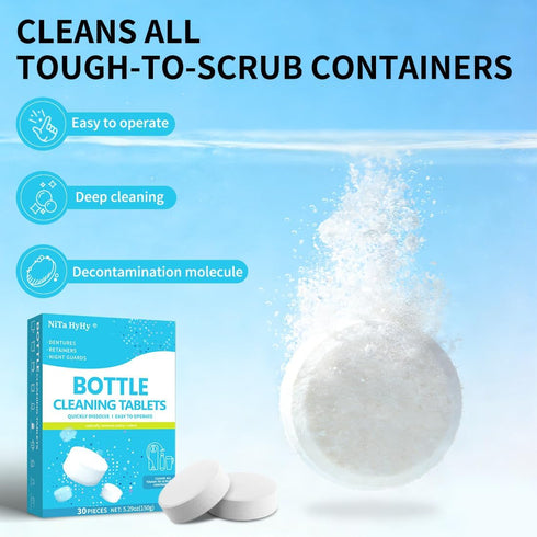 Set 30 Bottle Cleaning with Long Handle Brush and Dissolving Tablets, for Thermos, Coffee Pot, Glass, Tumbler