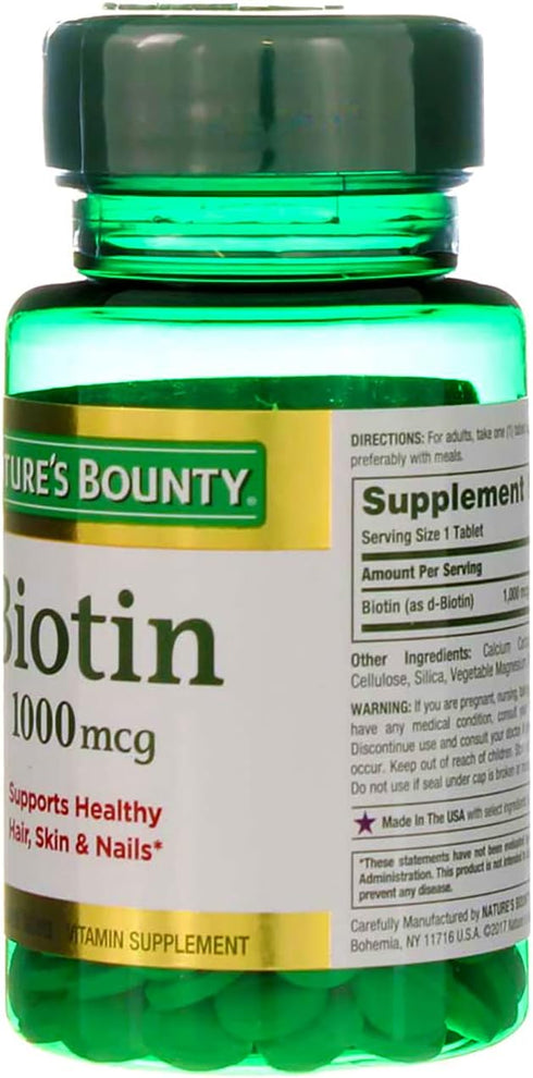 Nature's Bounty Biotin 1000 mcg Vitamin Supplement Tablets, 100 ea (Pack of 2)