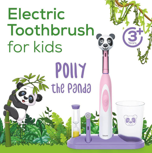 Beurer TB10 Kids Electric Toothbrush Kit - Fun Polly The Panda Cap, 2 Extra-Soft Brush Heads, BPA-Free