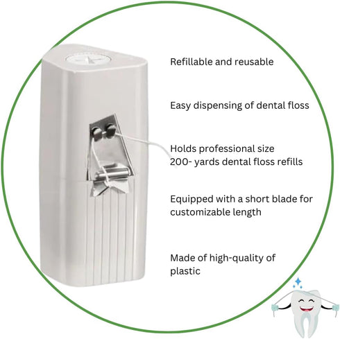 Dental Floss Dispenser with Refillable Holder - Bundled with Mint Waxed Floss Refill Spool, 200 Yards Jumbo Set
