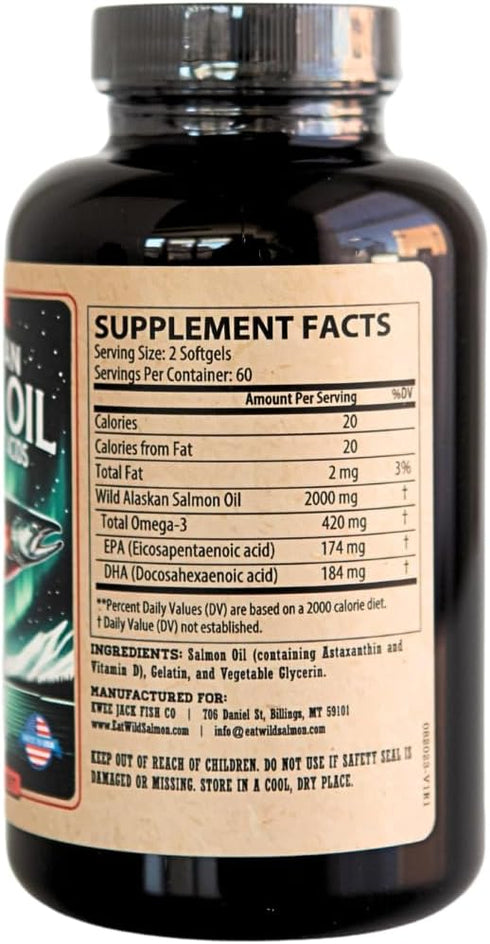 Wild Alaskan Salmon Fish Oil Omega 3 Supplement - 120 Softgels, 1000mg Salmon Oil for Brain & Heart Health