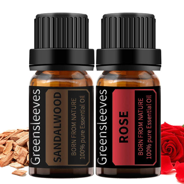 GREENSLEEVES Rose Sandalwood Essential Oil Set, 2 x 10ml Pure Plant-Based Fragrance Oil for Aromatherapy, Diffuser,