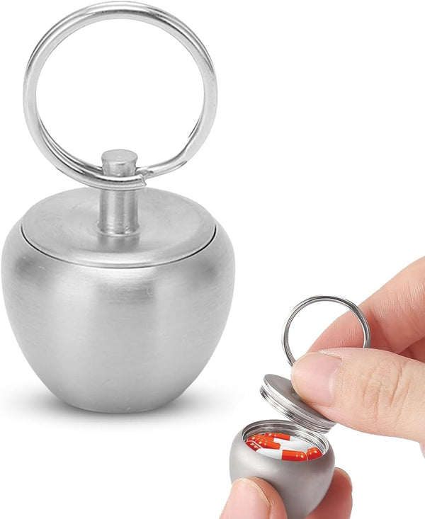 Portable Waterproof Stainless Steel Keychain Pill Holder, Apple Pendant Design, Mini Medicine Box for Purse or Pocket