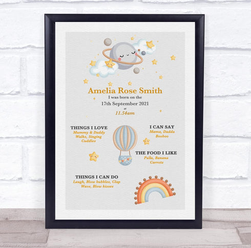 The Card Zoo New Baby Birth Details Christening Nursery Moon Stars Rainbow Gift Print
