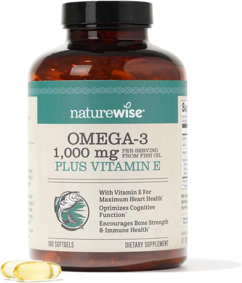 NatureWise Extra-Strength Omega 3 Fish Oil Supplement, 1000mg per Serving, 180 Softgels, Support for Heart & Brain