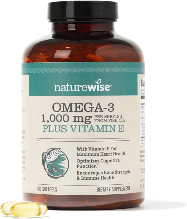 NatureWise Extra-Strength Omega 3 Fish Oil Supplement, 1000mg per Serving, 180 Softgels, Support for Heart & Brain