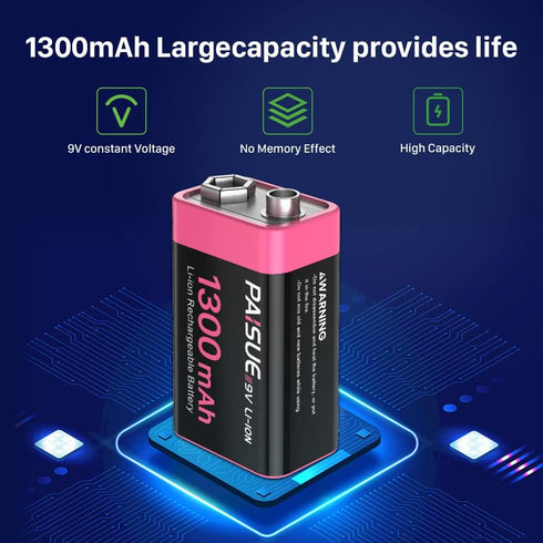 9V Rechargeable Batteries, 1300mAh High Capacity Lithium-ion with 2 in 1 USB C Fast Charging Cable, 2 Count