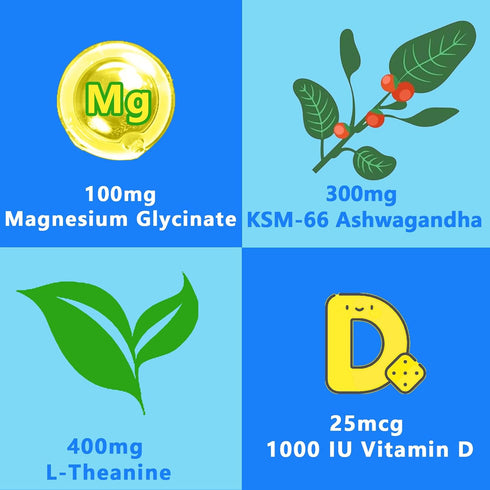 KSM66 D3, 30 Suiyilary Calm Magnesium Powder, Cortisol Supplements Drink Mix No Sugar for L-Theanine, Ashwagandha