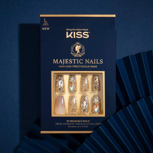 KISS Majestic Fake Nails, ‘My Crown’, High-End Gel Nails, 30 Reusable Long Length Coffin Shaped Glue-On & Press-On