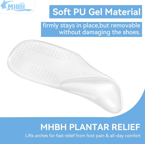 Arch Support Shoe Inserts for Plantar Fasciitis Relief, MHBH Self-Adhesive Arch Pads Heel Cushion for Flat Feet, Heel Pain, Gel Arch Insoles for Men and Women 2 Pairs (Transparent & Black, Large)