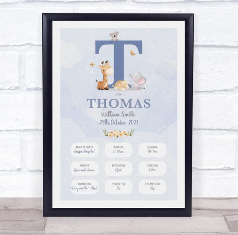 The Card Zoo New Baby Birth Details Christening Nursery Blue Initial T Keepsake Gift Print