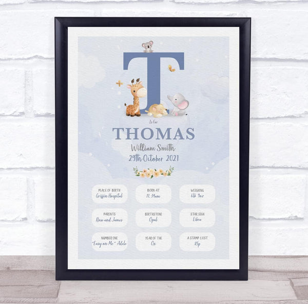 The Card Zoo New Baby Birth Details Christening Nursery Blue Initial T Keepsake Gift Print
