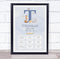 The Card Zoo New Baby Birth Details Christening Nursery Blue Initial T Keepsake Gift Print