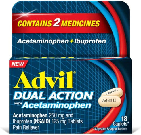 Advil Dual Action Coated Caplets with Acetaminophen, 250 Mg Ibuprofen and 500 Mg Acetaminophen Per Dose (2 Dose Equivalent) for 8 Hour Pain Relief - 18 Count