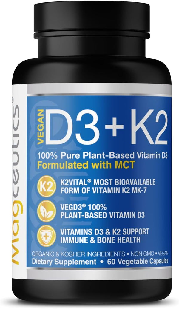 Vitamin D3 K2 with MCT, 5000 IU Vegan D3 & 100 mcg MK7 K2, 60 Capsules - Support for Strong Bones and Immune Health