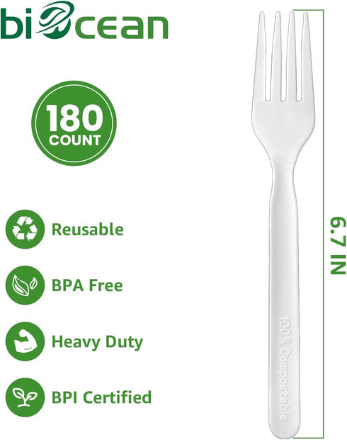 100% Compostable Forks 180 Count Disposable Forks Utensils Set Heavy Duty Fork Silverware Eco Friendly Flatware for Party Camping Picnics Wedding-Ivory White
