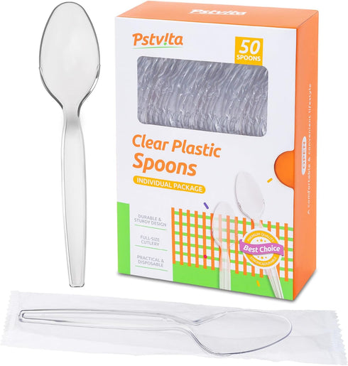 Disposable Clear Plastic Spoons, Pack of 50 Individually Wrapped