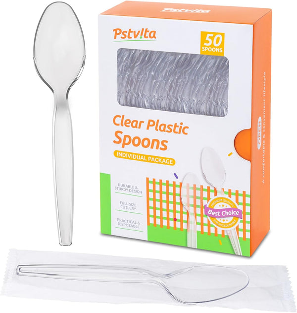Disposable Clear Plastic Spoons, Pack of 50 Individually Wrapped