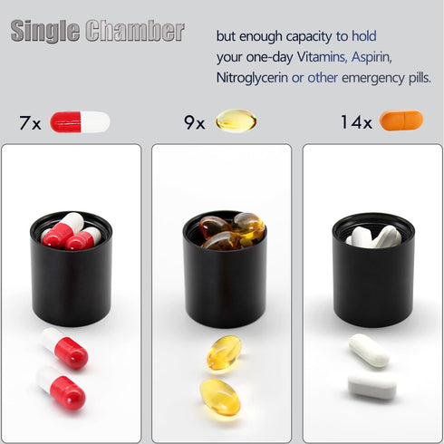Portable Waterproof Metal Pill Case, Aluminium Alloy Round Organizer for Travel, Pocket Daily Pill Holder (Black)