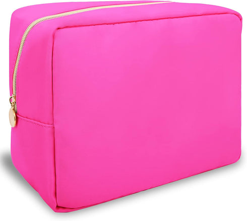 Nylon Large Makeup Bag, Preppy Cute Cosmetic Pouch, Waterproof Toiletry Bag Clutch for Women and Girls (Hot Pink)