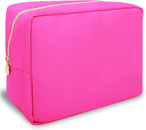 Nylon Large Makeup Bag, Preppy Cute Cosmetic Pouch, Waterproof Toiletry Bag Clutch for Women and Girls (Hot Pink)