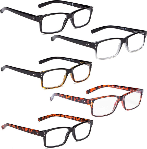 LUR READING GLASSES 5 Pack, Comfort Plastic Readers with Spring Hinge