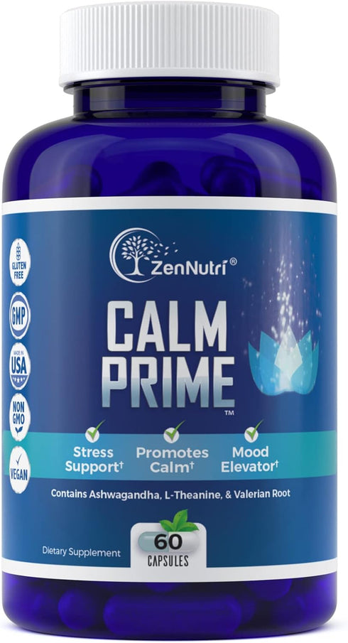 Calm Prime Stress Relief Supplement Non-Drowsy | Mood Support | Vegan Daytime Stress Vitamins - 60 Count
