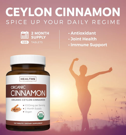 USDA Organic Ceylon Cinnamon - 1000mg Cinnamon Quill Powder per Serving, 120 Tablets for Metabolism, Cognitive, Joint