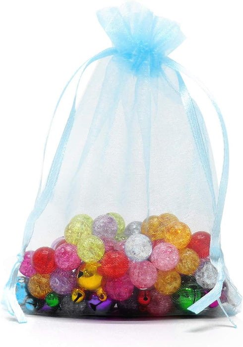 100Pcs Organza Bags, 5x7 Inch Sky Blue Sheer Baby Shower Party Favor Bags with Drawstring for Wedding Candy Pouches