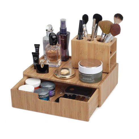 MobileVision Bamboo Makeup Drawer Organizer with 5-Compartment Brush Holder Stand