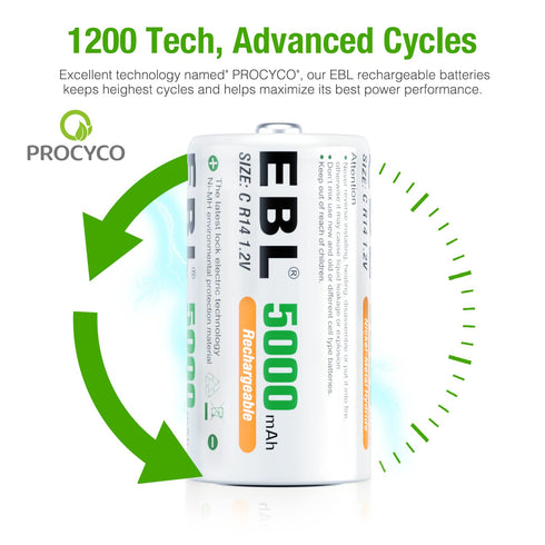 EBL Rechargeable C Batteries, 5000mAh Ni-MH High Capacity C Cell Battery, Pack of 4
