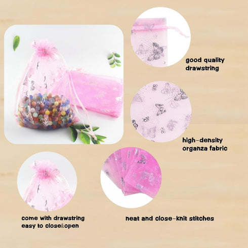 QIANHAILIZZ 5 x 7 Inch 100 Pink Butterfly Organza Jewelry Gift Pouch Candy Pouches Drawstring Wedding Favor Bags