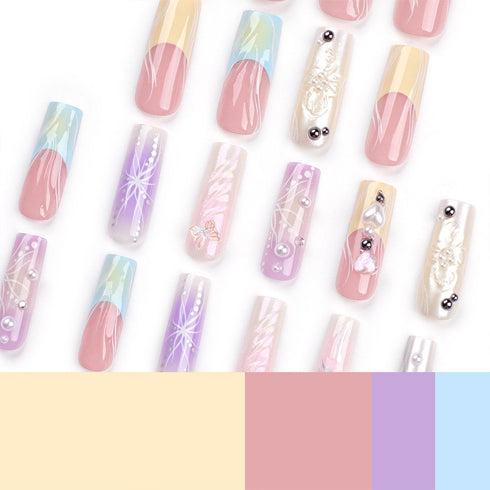 Long French Tip Press on Nails, 3D Pearl Fake Nails, Colorful Full Cover Acrylic Nails, Glossy Extra Long Stick on