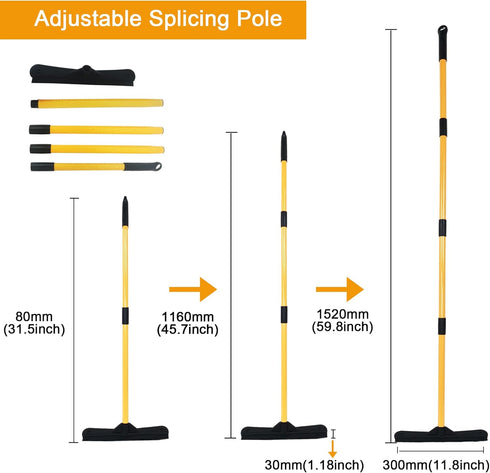 Pet Hair Removal Push Broom with Squeegee, Soft Silicone Bristle, Long Handle, Non-Scratch Carpet Sweeper Brush (Orange)