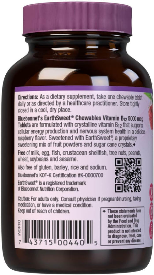 Bluebonnet Nutrition Earth Sweet Vitamin B12 5000 mcg Chewable Tablets, Raspberry Flavor, 30 Servings