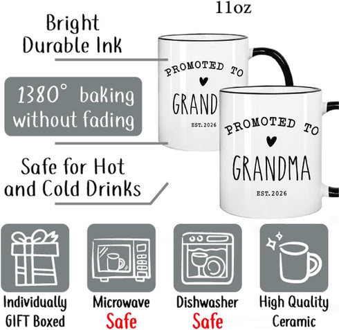 Puouoonyi Set, 11oz Promoted To Grandpa & Grandma Mugs Pregnancy Announcement Gift for Grandparents, New Grandma